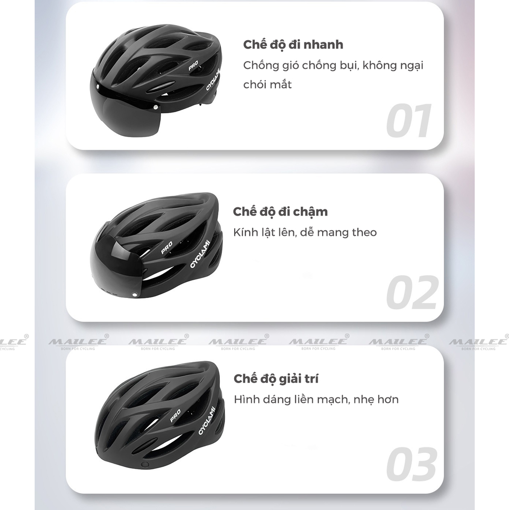 Mũ Bảo Hiểm Đạp Xe CYCLAMI HX-06K PRO với Kính Gió Từ Tính Nhựa ABS/PC cao cấp, lót EPS chống va đập, kính gió từ tính - Mai Lee