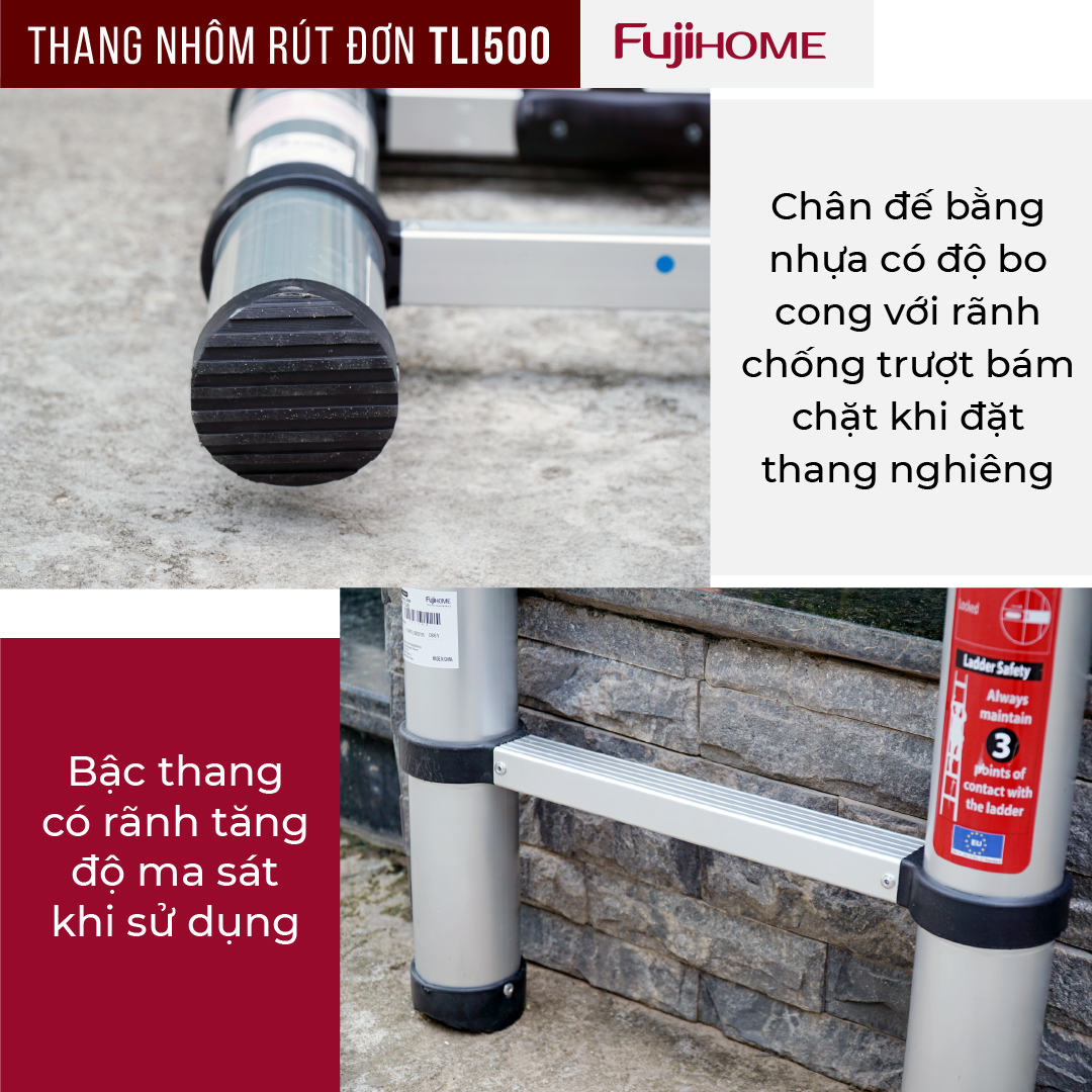 Thang nhôm FUJIHOME TLI500  rút gọn đơn nhập khẩu, Cao tối đa 5m, Hợp kim nhôm cao cấp, Độ ma sát cao chống trượt