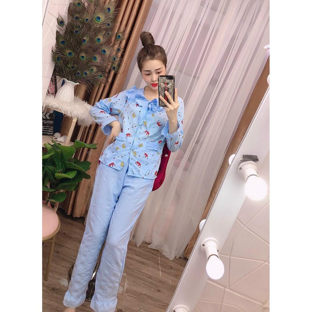 Bộ pijama đũi xốp tiểu thư cổ bèo, quần dài tay dài, 40 đến 59kg