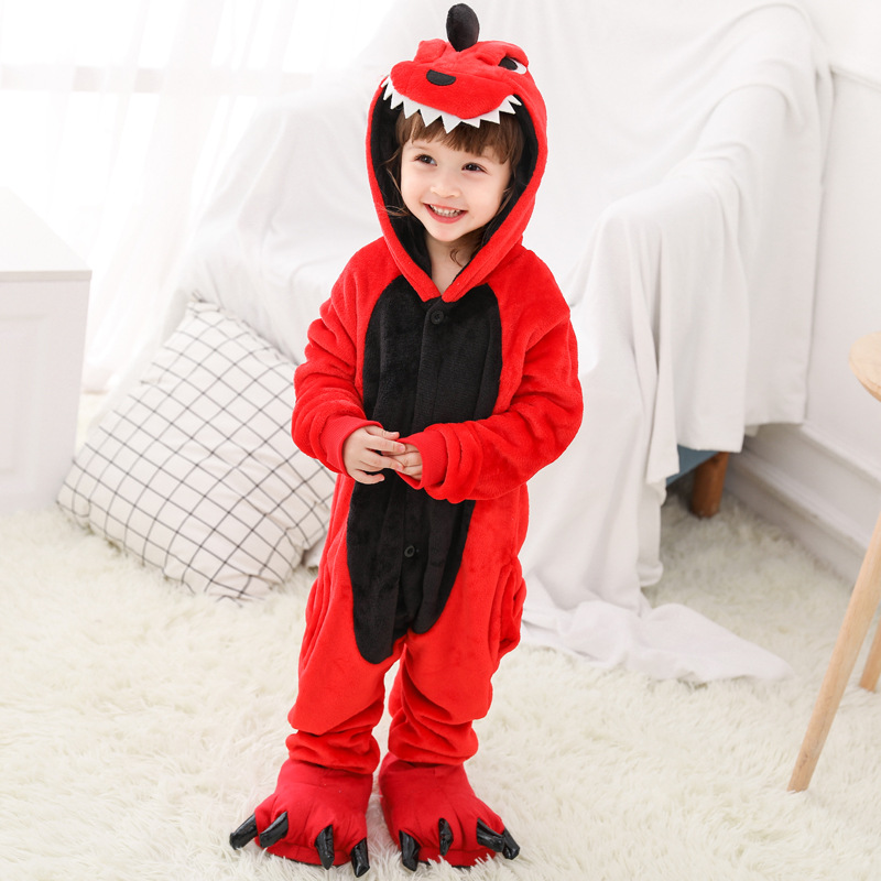 Bộ Đồ thú Khủng Long đỏ liền thân lông mịn Pijama dành Cho Người Lớn và Trẻ Em kiểu dáng Động Vật Hoạt Hình Cosplay