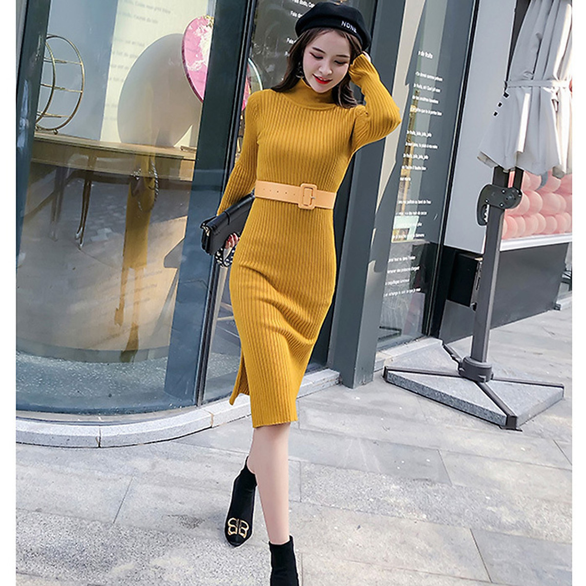 Đầm len ôm len gân basic kèm thắt lưng, chất len dày dặn mềm mịn, thích hợp thu đông