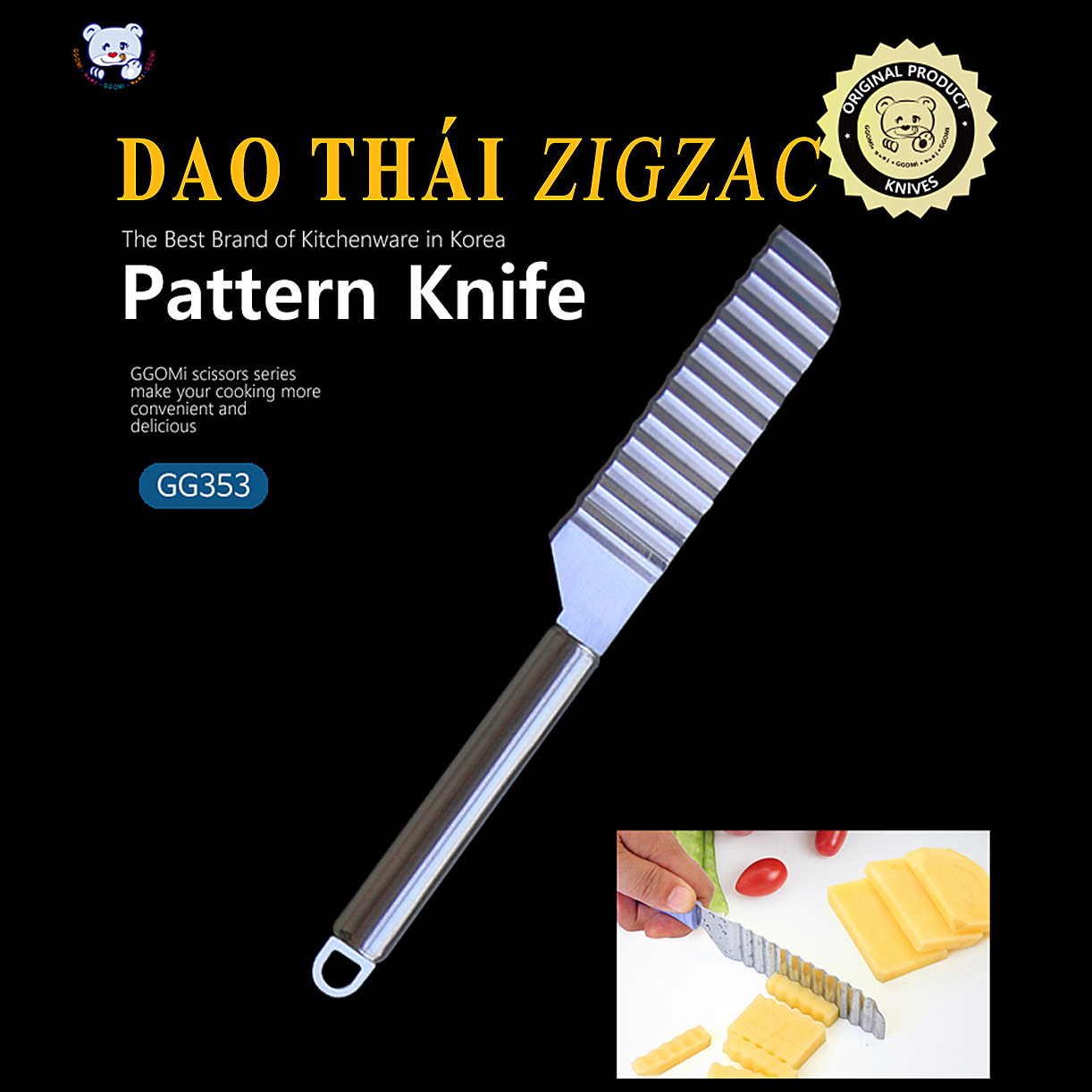 Dao thái hình zig-zac dài 24cm, lưỡi dài 12cm bằng thép không gỉ an toàn sức khỏe GGOMi Hàn Quốc GG353