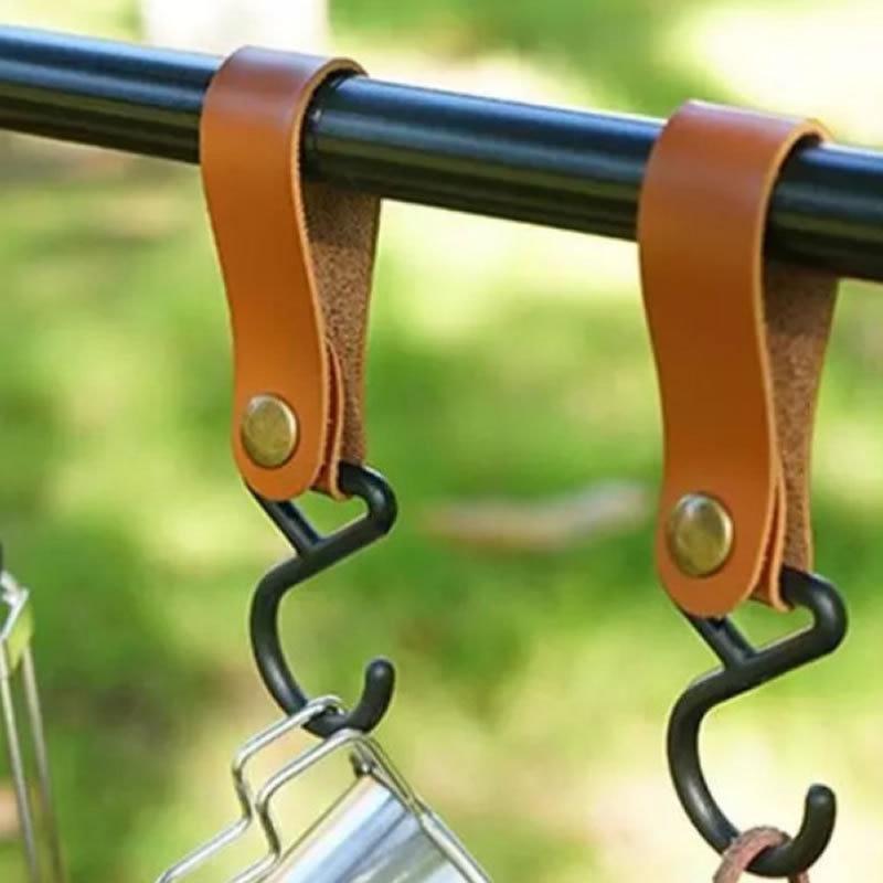 S-Shaped PU Leather Hanging Hooks Triangle Storage Rack Shelf Hook Keychain Portable Outdoor Camping Hiking Hook Camping Hanger