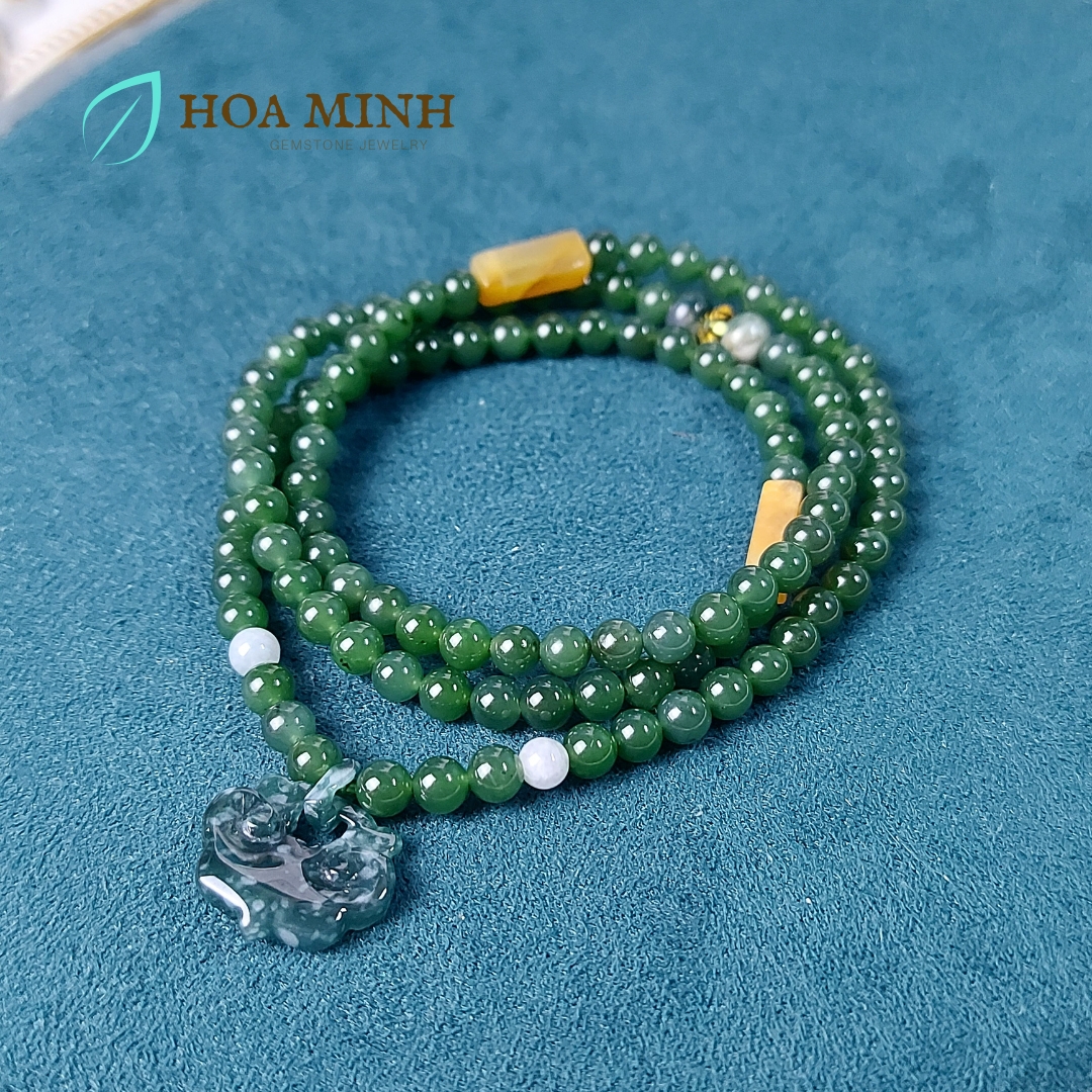 Vòng chuỗi 108 hạt Ngọc Bích Nephrite size 5 li phối Charm Khoá Trường Mệnh Lam Ngọc phong thủy bình an, tài lộc