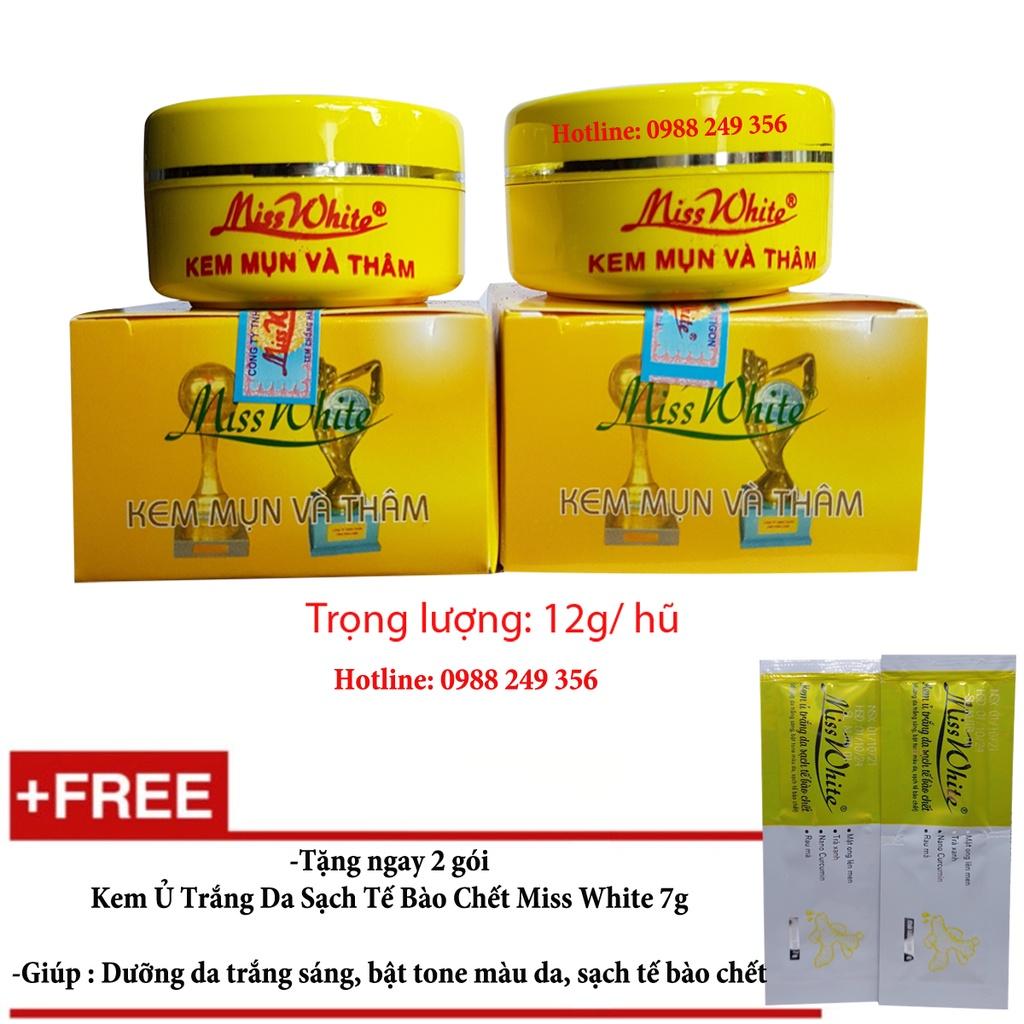 Combo 2 Kem Mụn Và Thâm Miss White 12g Có Tặng 2 Gói Kem Ủ Trắng Da Sạch Tế Bào Chết Miss White 7g