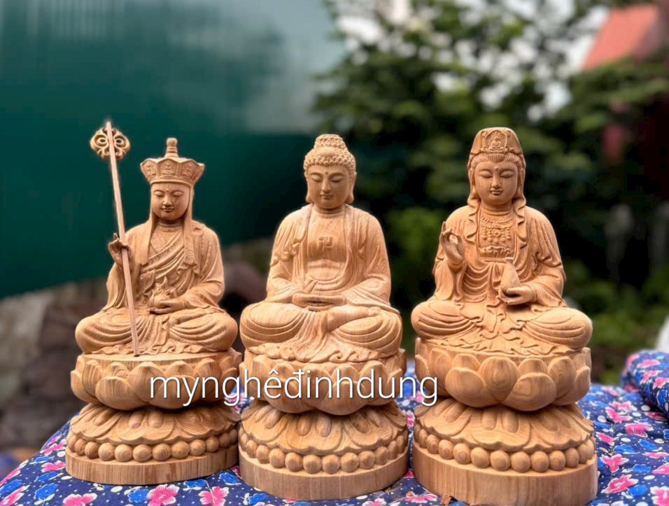 Bộ tượng phật tam thánh bằng gỗ ngọc am thơm nức kt cao 30x15x15cm