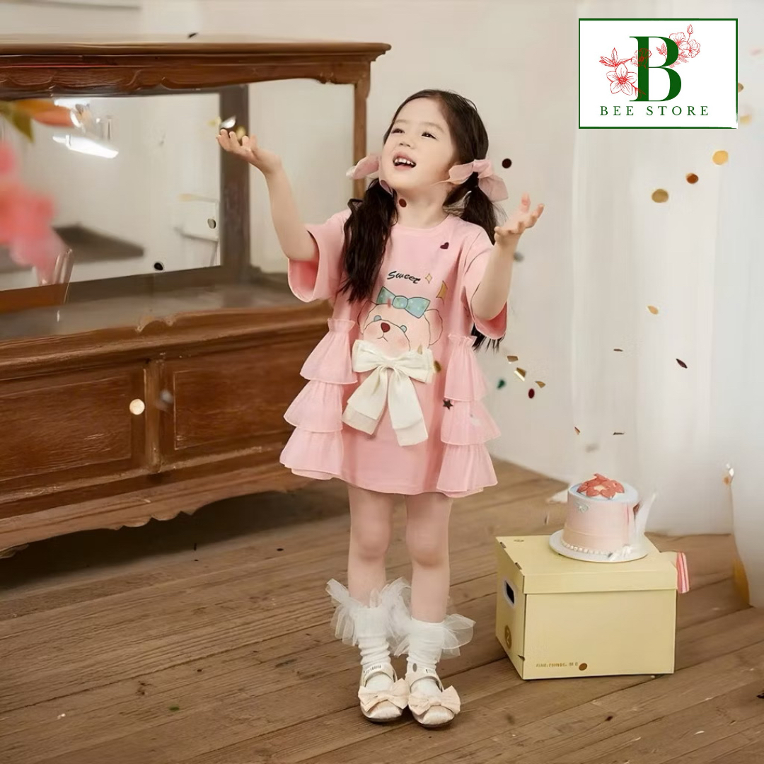 Đầm Công Chúa – Đầm Dự Tiệc Bèo Tầng In Thỏ Gấu , Nơ Bản To Từ 10-36 kg Dành Cho Bé Gái