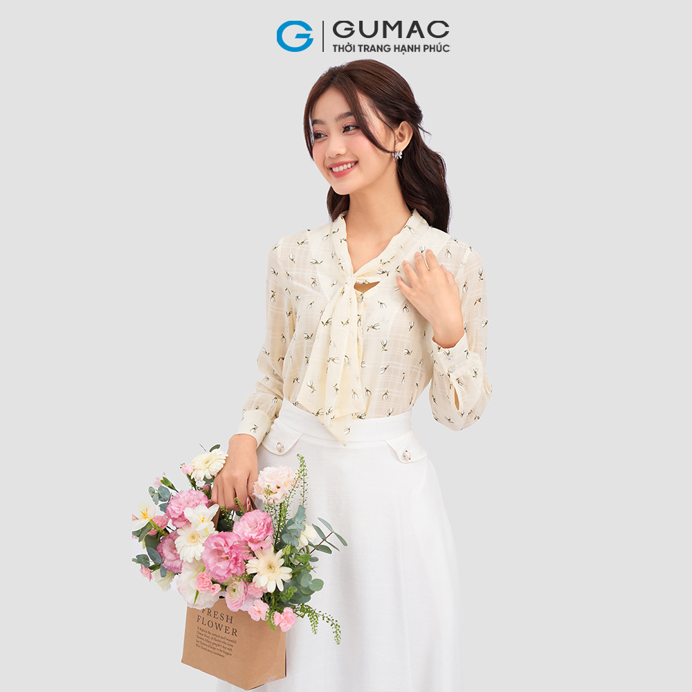 Áo kiểu GUMAC AC12022 họa tiết hoa thắt nơ
