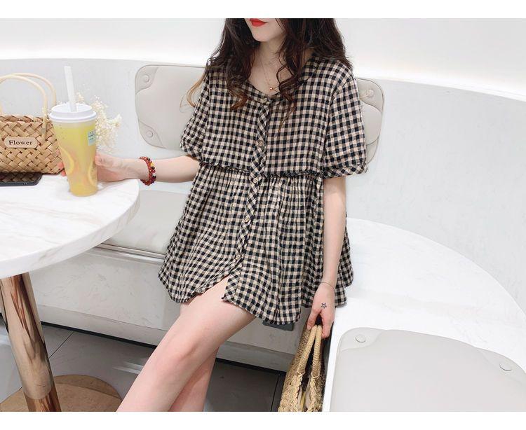 SHUANGYAN Ngọt ngào bông vải ngắn tay áo sơ mi nữ 2023 mùa hè Hàn Quốc lỏng lẻo búp bê áo Top 100 sọc interlining váy