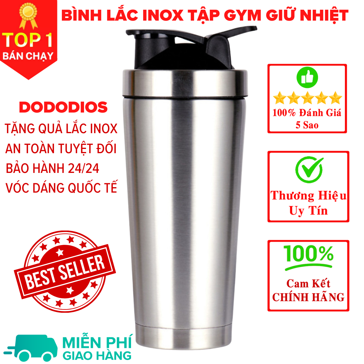 Bình lắc gym, bình lắc shaker, bình nước thể thao inox giữ nhiệt + kèm quả lắc Lò Xo - Hàng chính hãng DoDoDios