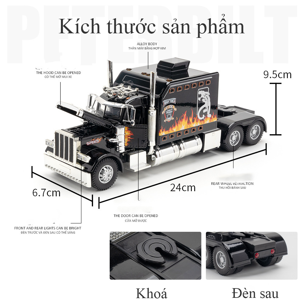 Đồ chơi mô hình xe đầu kéo kiểu Mỹ Heavy Truck bằng hợp kim có nhạc và đèn LED chạy xung quanh tỷ lệ 1:24