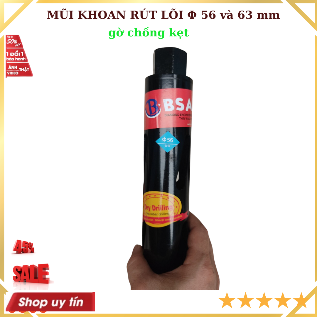 Mũi khoan rút lõi có gờ chống kẹt Φ 56 và 63 mm BSA lõi kim cương nhân tạo nhập khẩu cao cấp giá 1 chiếc