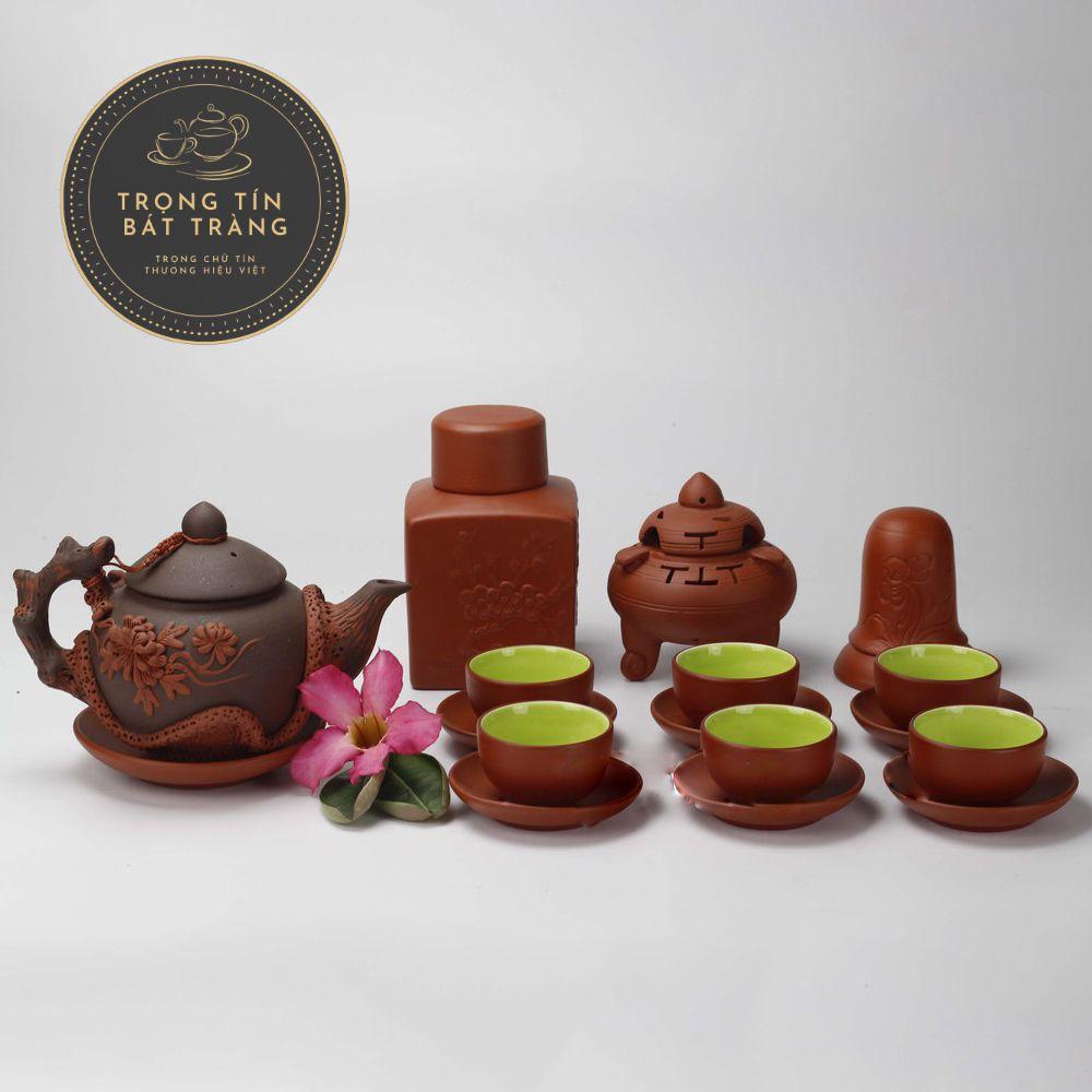 Bộ Ấm Chén Trà Đạo Gốm Tử Sa Bát Tràng Đắp Nổi Hoa Phù Dung Dáng Thủy Bình Dung Tích 400ml ATSML 02.4