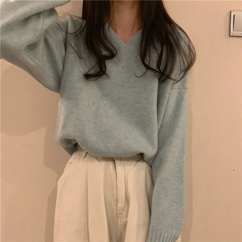 Áo len nữ Hàn Quốc form rộng dài tay cổ chữ V kiểu dáng basic len mềm mại