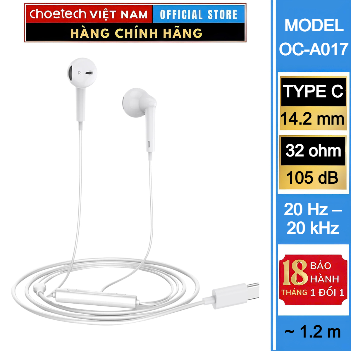 Tai nghe dây Type C Choetech OC-A017 âm thanh rõ nét thiết kế thoải mái (Hàng chính hãng)