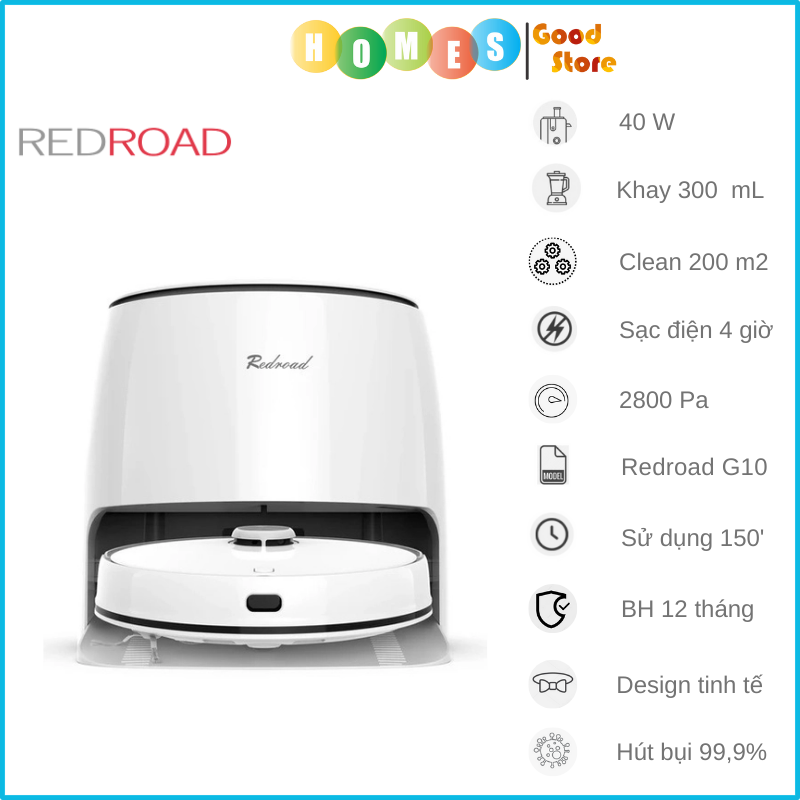 Robot Hút Bụi Lau Nhà Redroad G10 Thông Minh Tự Động Giặt Sấy Giẻ - Điều Khiển Qua App Điện Thoại Diện Tích Hoạt Động 180 m2 Công Suất 40 W - Hàng Chính Hãng