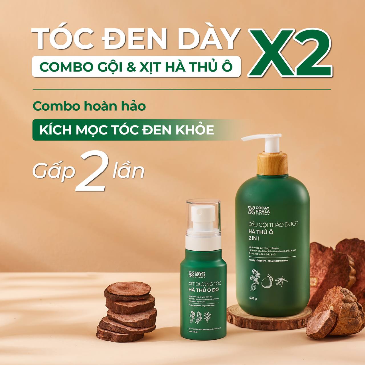 Dầu Gội Xả 2in1 Hà Thủ Ô Cỏ Cây Hoa Lá VIETNAM - Dưỡng Tóc Đen Mượt, Bóng Khỏe, Dung tích 420g/chai