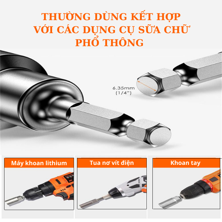 Bộ phụ kiện 14 cây vặn ốc luc giác dài 7 cm , 6,7,8,9,10,11,12,13,14,15,16,17,18,19 MM. thép công nghiệp ,có nam châm đầu khẩu 1/4 phù hợp nhiều loại máy vặn ốc cle.máy vặn vít dùng pin