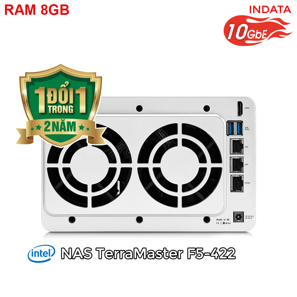 Bộ lưu trữ mạng NAS TerraMaster F5-422, LAN 10Gbps, Intel Quad-Core 1.5GHz, 8GB RAM, 670MB/s, 5 khay ổ cứng RAID 0,1,5,6,10,JBOD,Single - Hàng chính hãng