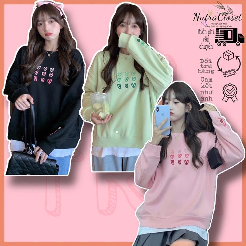 Áo khoác sweater chui đầu thêu tim nỉ ngoại tay phồng unisex ulzzang nam nữ