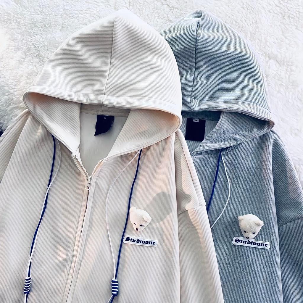 Áo Hoodie Zip Unisex Nam Nữ Hình Gấu Studio Nỉ Gân