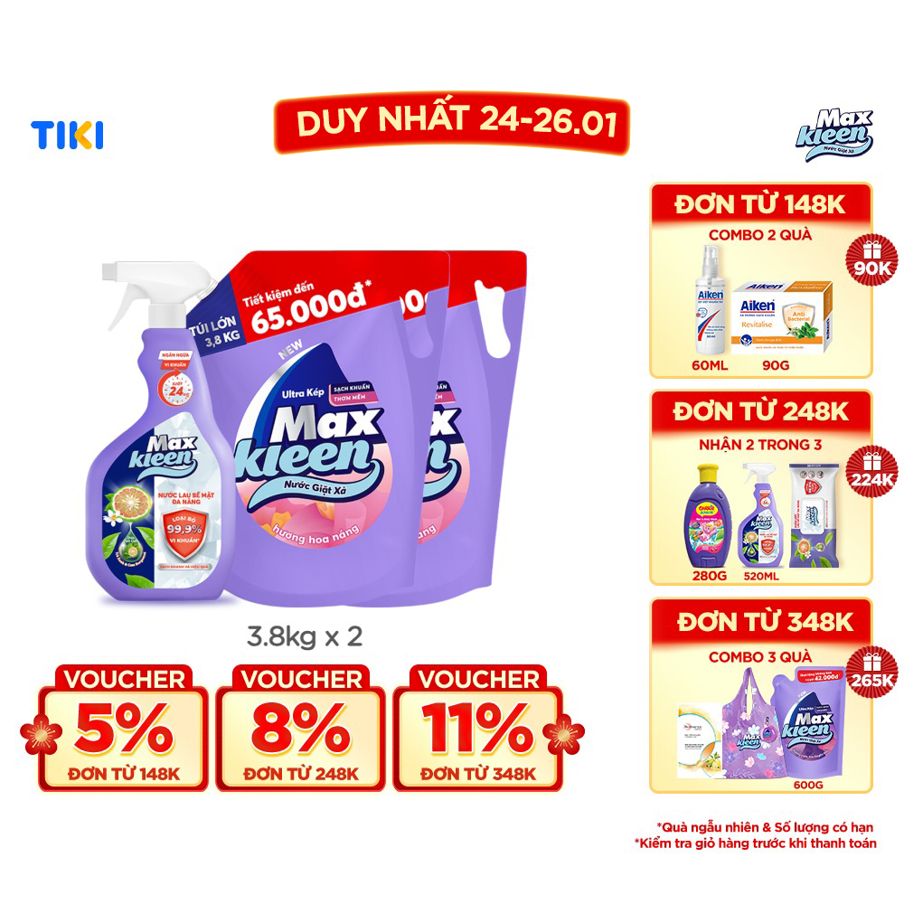 Combo 2 Túi Nước Giặt Xả MaxKleen hương Hoa Nắng (3.8kg/túi) + Lau Bề Mặt Đa Năng