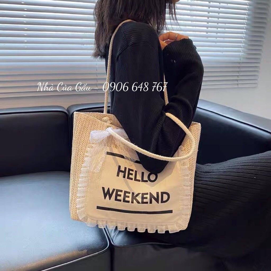 Túi cói Hello Weekend viền ren đeo vai dễ thương