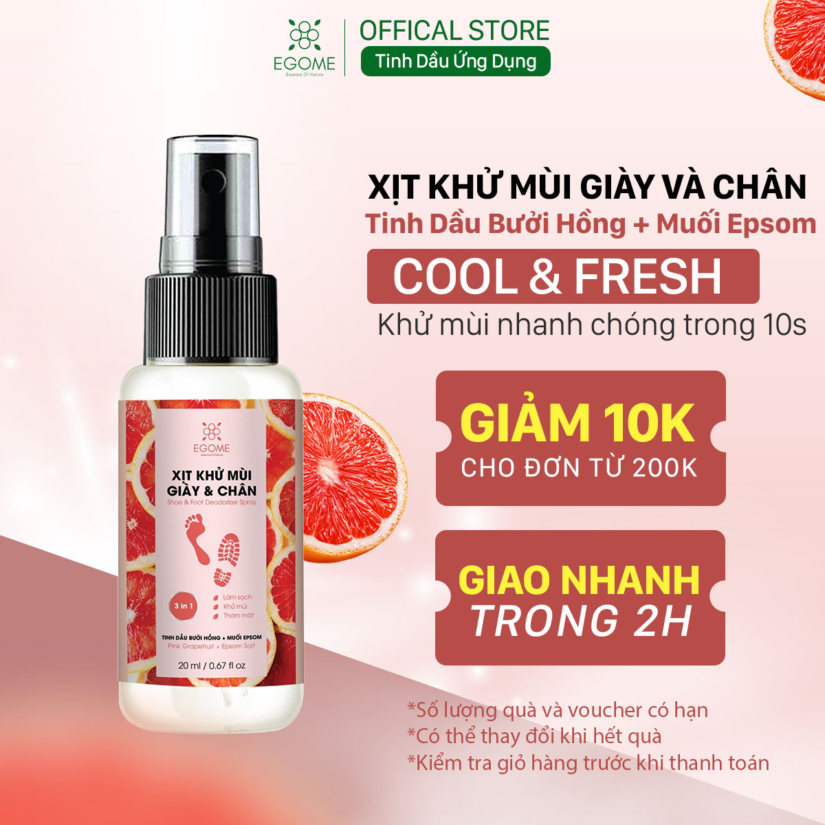 Xịt Khử Mùi Giày Và Chân Egome Tinh Dầu Bưởi Hồng làm sạch và thơm mát 20ml