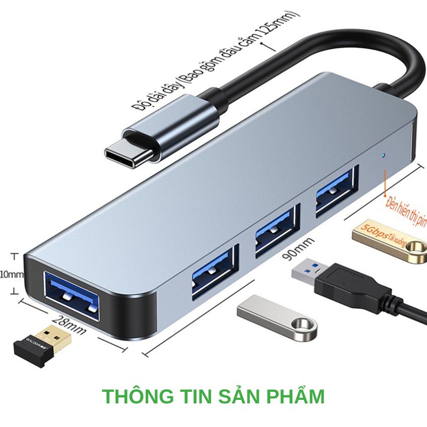 HUB USB 3.0 và HUB Type C tốc độ cao 4 trong 1 hợp kim nhôm cao cấp tương thích cho máy tính, laptop