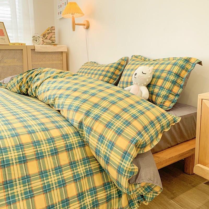 Bộ chăn ga Cotton Poly M2T bedding kẻ xanh vàng, vỏ chăn mền, drap giường và 2 vỏ gối