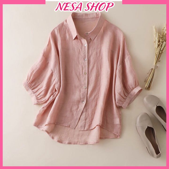 Áo sơ mi nữ cổ Đức NeSa Shop, tay lỡ, Chất liệu Đũi mềm mịn, thoáng mát, áo kiểu nữ form rộng SMH.038