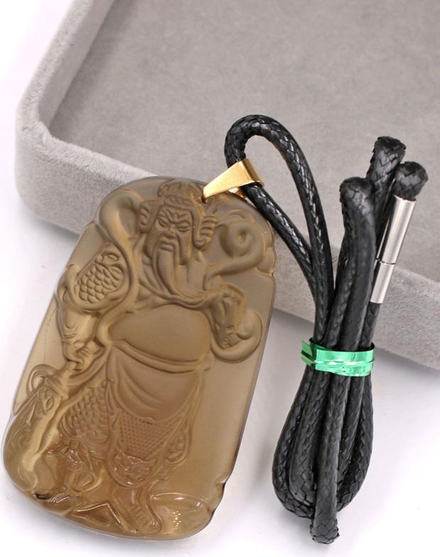 Dây chuyền mặt tượng Quan Công QCN14 - thạch anh khói - kèm hộp nhung