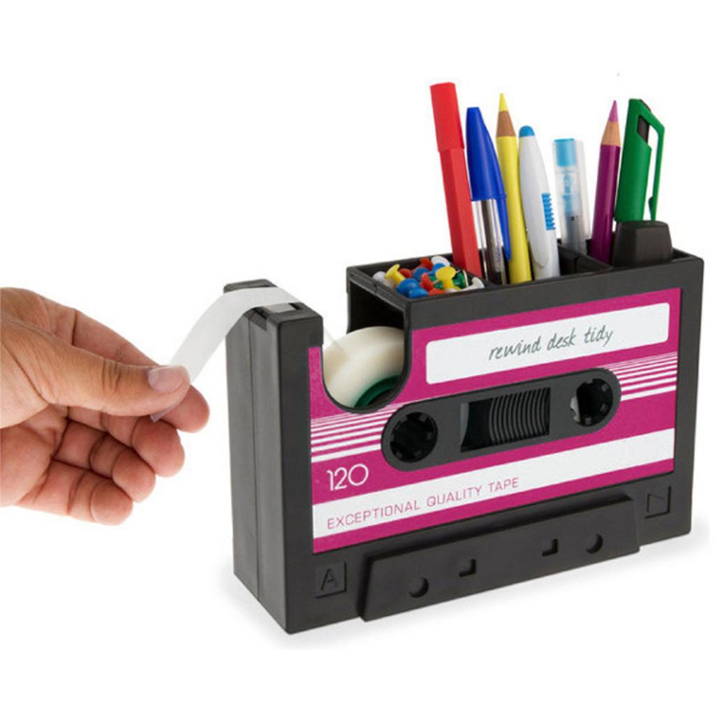 Vintage Cassette Style Tape Dispenser Pen Holder Pencil Container Stationery Organizer Tape Cutter
