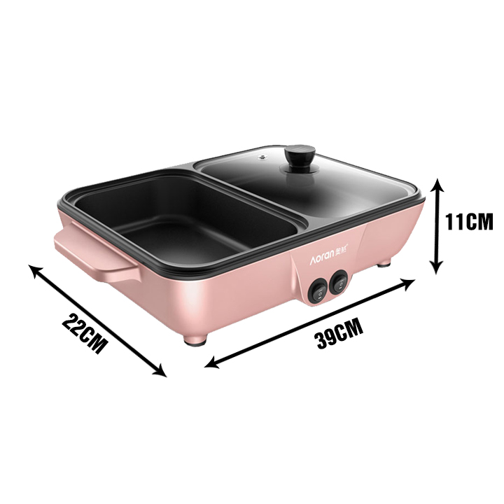 Bếp điện lẩu nướng 2 ngăn mini chính hãng Shanban Electric Baking Tray, Nồi lẩu + nướng đa năng, nồi lẩu điện 2in1 - Hàng nhập khẩu