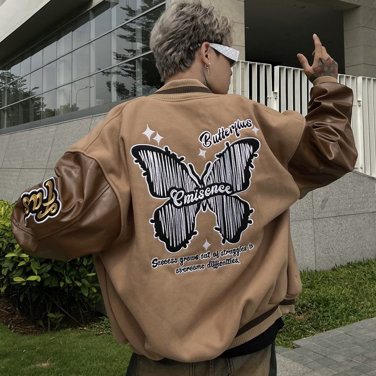 Áo khoác bomber local brand rg butterfly , varsity jacket nam nữ tay da , vasity bóng chày form rộng unisex - Gin store