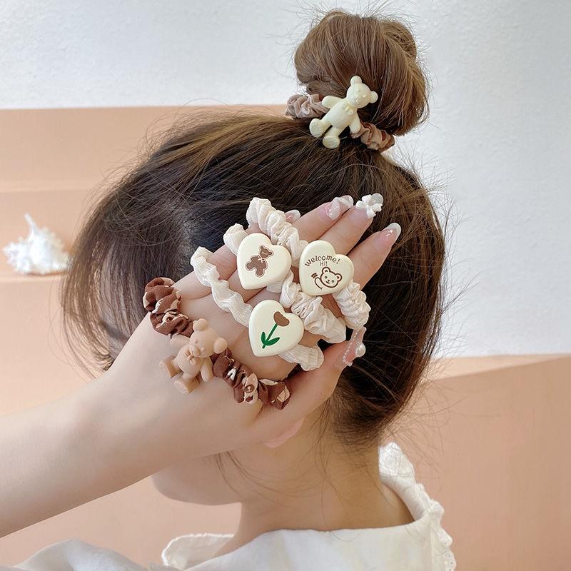 Cột tóc dây vải hình gấu tim màu trà sữa hot trend Hàn Quốc Tatitava