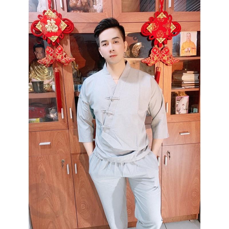 Đồ Lam Đi Chùa Đồ Đi Chùa Pháp Phục Phật Giáo Set Đồ Lam S2 - Xám Nhạt, L 68 Kí Trở Lại