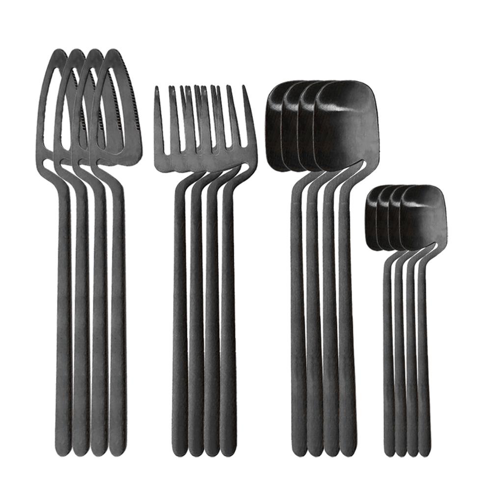 16 Cái/bộ Đen Mờ Bộ Dao Kéo Inox 304 Chén Ăn Bộ Dao Muỗng Nĩa Ăn Tối Bộ Nhà Bếp Phẳng Bằng Bộ Đồ Ăn