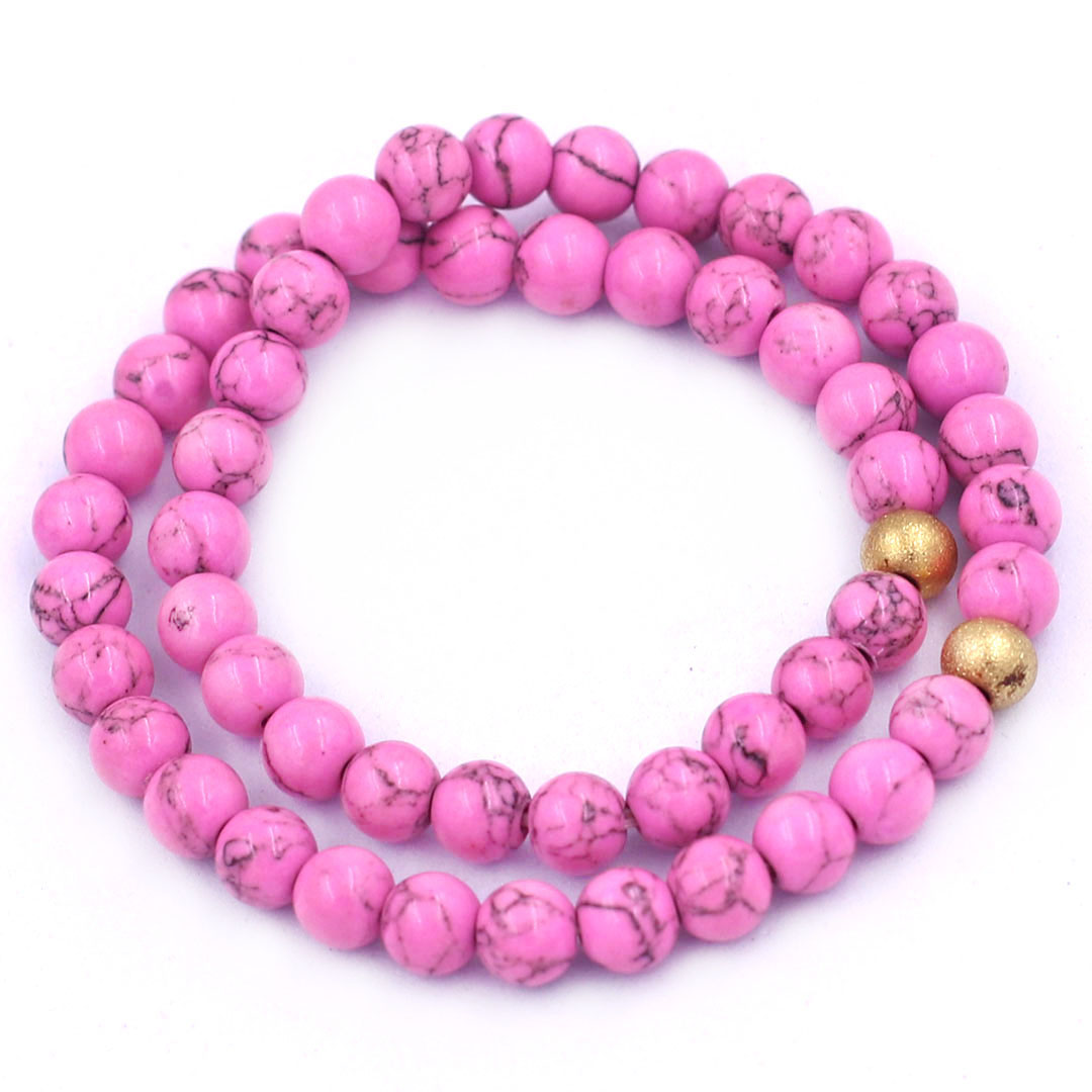 [Mệnh Hỏa, Thổ] Vòng Chuỗi Đôi 6 Ly San Hô Hồng Sọc Charm Bi Inox VSHHSHBD