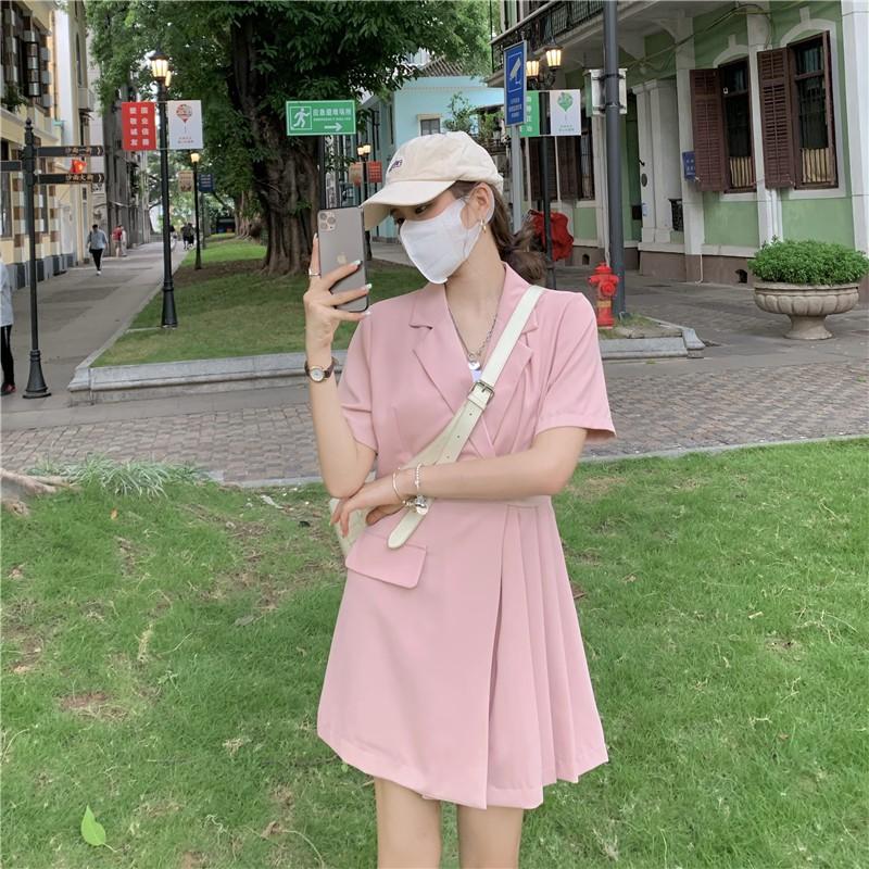Đầm Cổ Vest Xếp Ly Buộc Eo Ulzzang