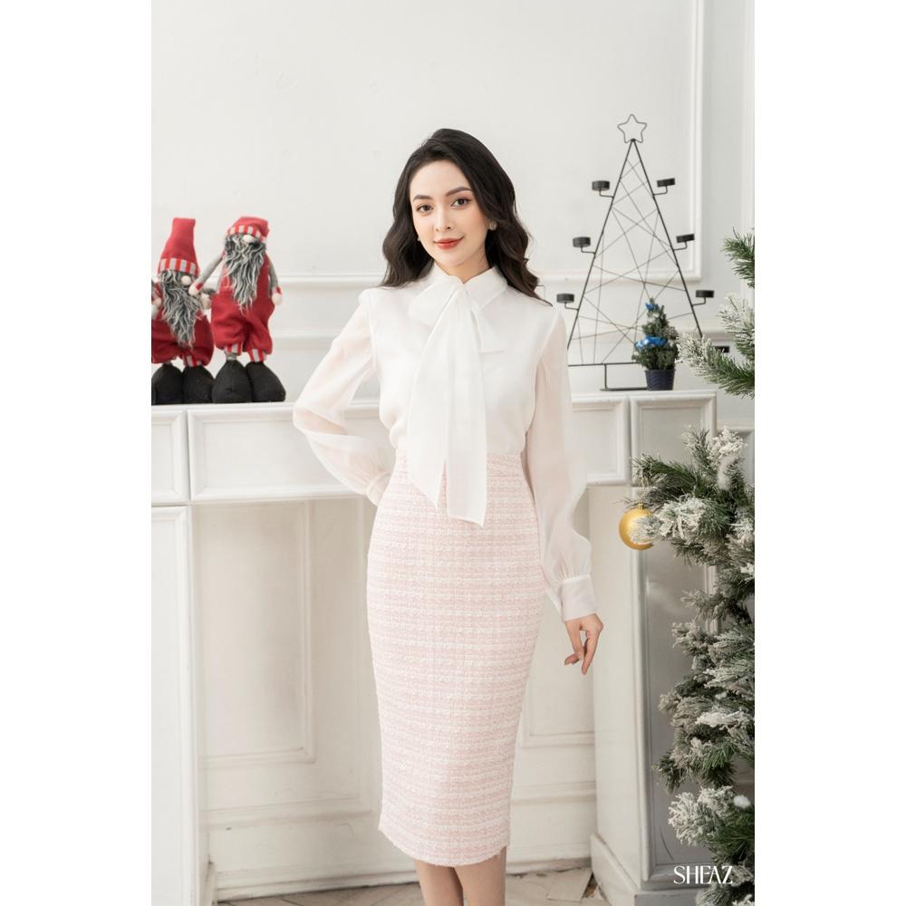 SHEAZ Chân Váy Tweed Hồng Phấn Công Sở Dáng Dài Bút Chì Phong Cách Hàn Quốc