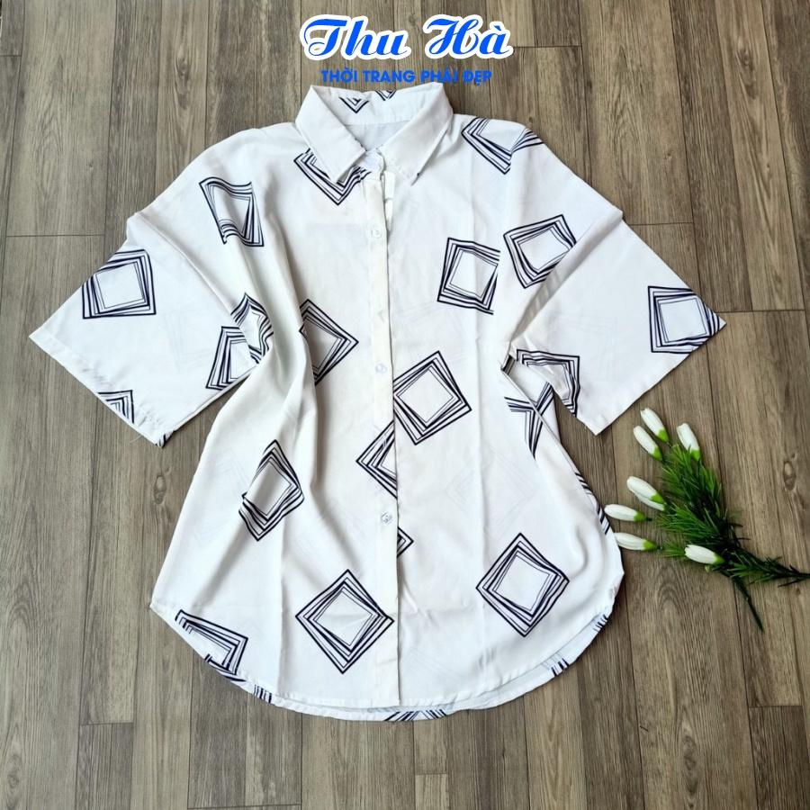 Áo sơ mi nữ form rộng tay lỡ Thu Hà sơ mi kiểu chất liệu đũi trơn mịn mát in hình Ô Vuông Đen Trắng