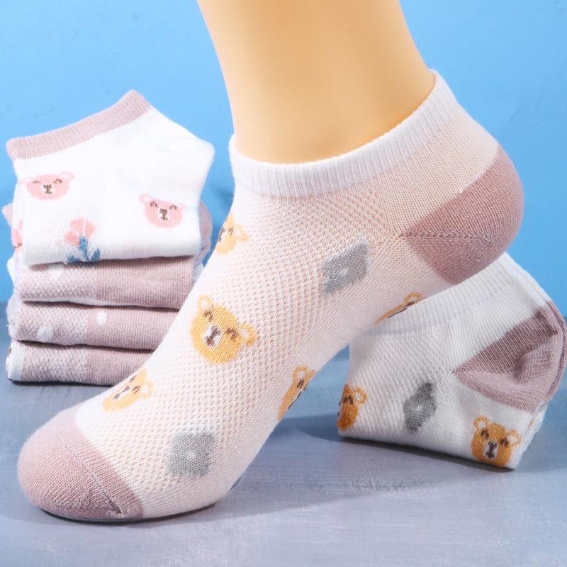 SET 10 ĐÔI TẤT VỚ CỔ THẤP NỮ COTTON HOẠ TIẾT CHÚ GẤU NÂU MÀU TÍM CUTE