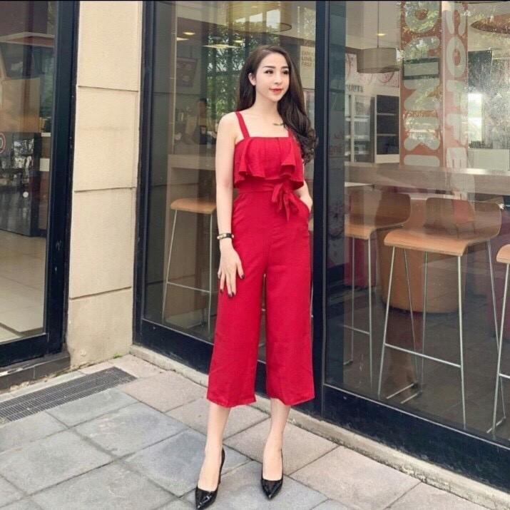 Jumpsuit dài ống suông sẻ thắt nơ eo xinh xắn