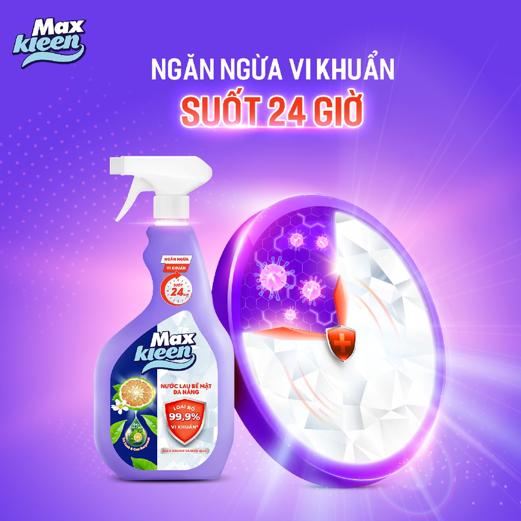 Nước Lau Bề Mặt Đa Năng MaxKleen Loại Bỏ 99.9% Vi Khuẩn Hương Trà Xanh &amp; Cam Bergamot 520ml