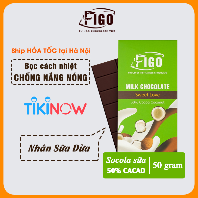 Combo 3 Thanh Kẹo Socola Milk Chocolate 50% Cacao Figo 50gr nhân hạt Điều, Hạnh Nhân, Sữa Dừa