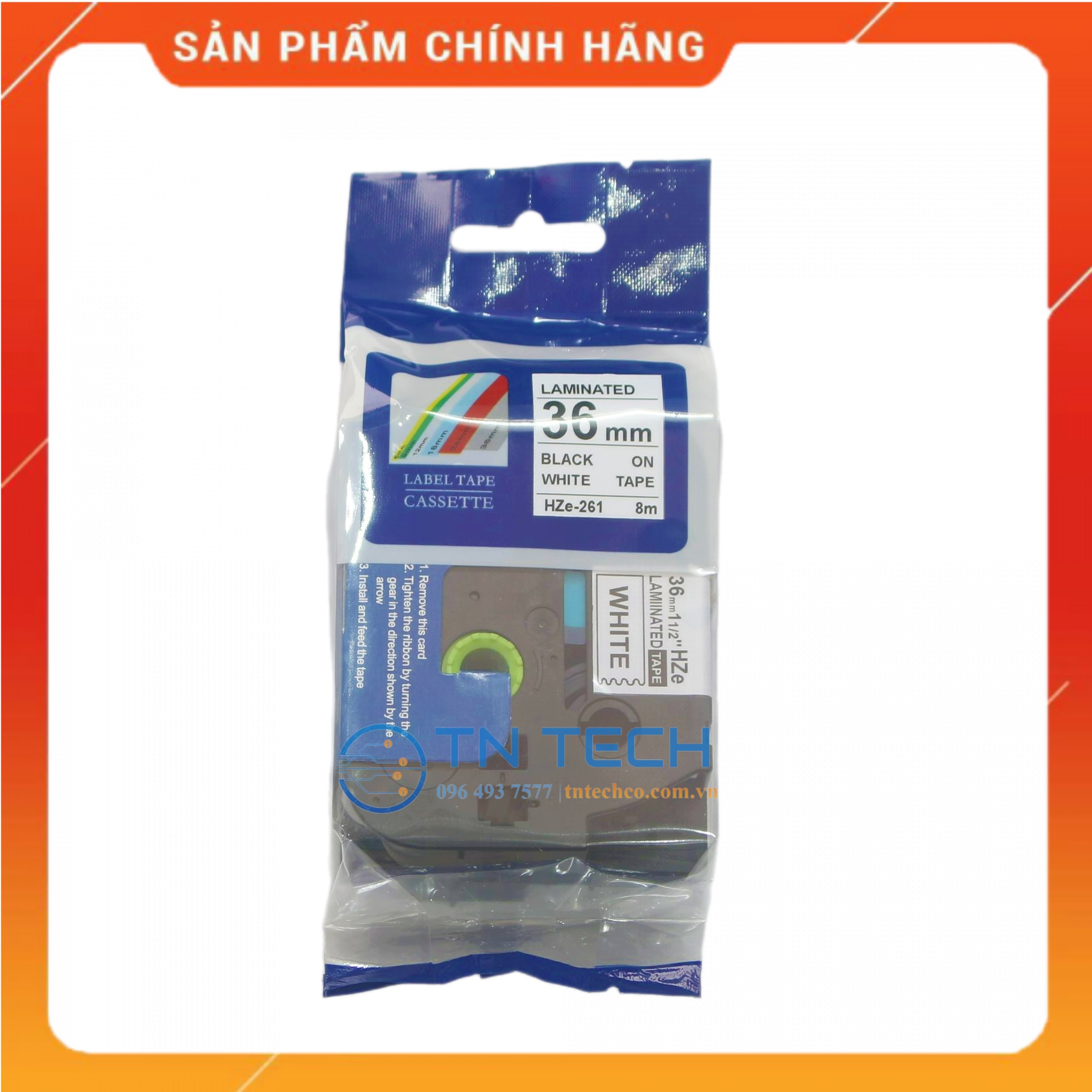 Nhãn In HZE-261 - Đen nền trắng 36mm x 8m - Dùng cho máy in BROTHER - AIMO - PUTY [Hàng nhập khẩu]