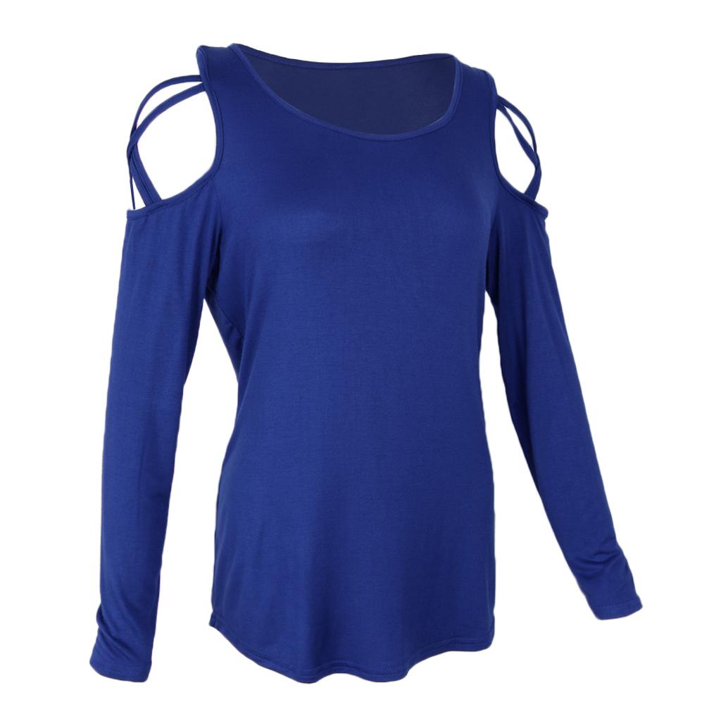 Women Solid Strappy Cold Shoulder Tops Long Sleeves T Shirt Blouse