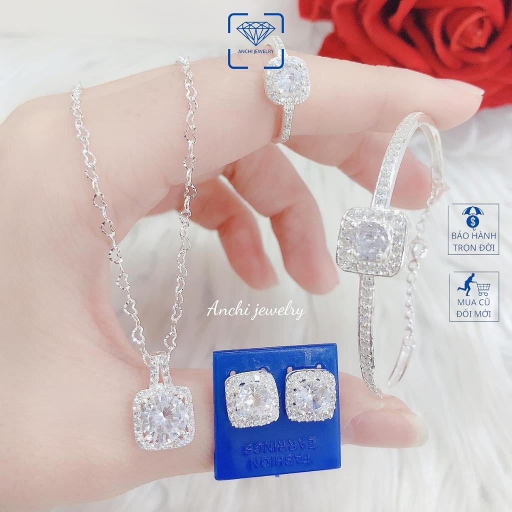 Bộ trang sức bạc nữ cao cấp 4 món( dây chuyền/ nhẫn/ bông tai/ vòng tay) giá rẻ, trang sức bạc Anchi jewelry