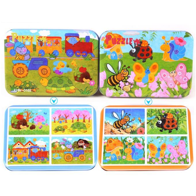 Đồ chơi bộ ghép hình Puzzle 4 cấp độ hộp sắt 9-12-15-20 miếng cho bé